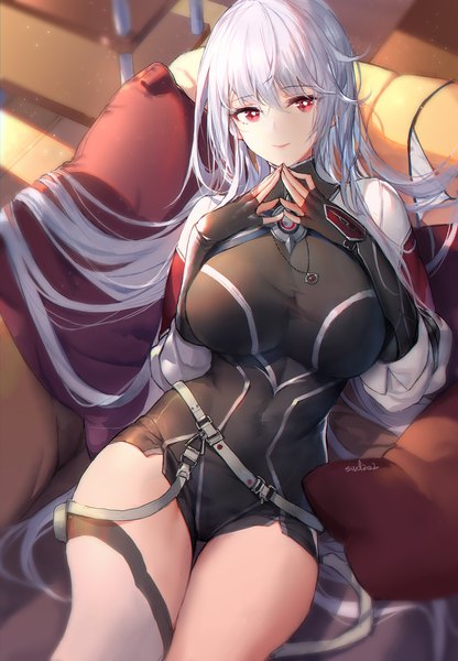 Anime picture 1329x1919 with closers mirae (closers) swd3e2 single long hair tall image looking at viewer fringe breasts light erotic smile hair between eyes red eyes large breasts signed silver hair indoors head tilt from above blurry