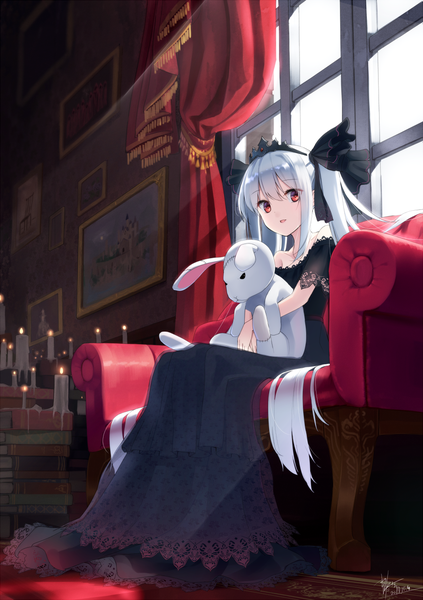 Anime picture 866x1227 with original makadamia single tall image fringe open mouth hair between eyes red eyes sitting twintails signed looking away silver hair full body very long hair lolita fashion goth-loli girl dress bow