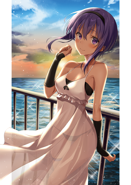 Anime-Bild 723x1023 mit fate (series) fate/grand order hassan of serenity (fate) kakao rantan single tall image looking at viewer blush fringe short hair breasts light erotic smile hair between eyes standing purple eyes bare shoulders sky cleavage purple hair