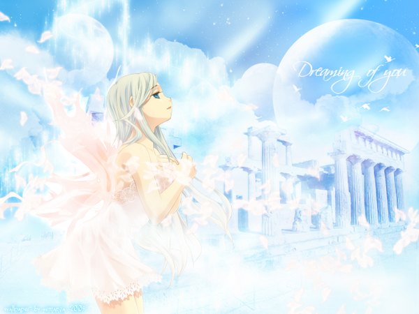 Anime picture 1280x960 with original takigawa yuu fightgirl (semanga) single long hair open mouth blue eyes signed cloud (clouds) white hair profile looking up crossed arms third-party edit hands clasped 2005 girl dress wings white dress