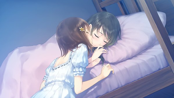 Anime picture 1280x720 with flowers (innocent grey) innocent grey kousaka mayuri rikka hanabishi long hair short hair black hair brown hair wide image multiple girls game cg lying eyes closed shoujo ai sleeping kiss girl 2 girls bed pajamas