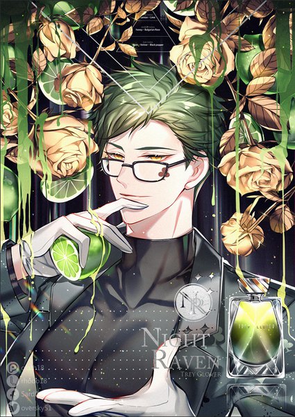 Anime picture 621x876 with twisted wonderland trey clover s (olath) single tall image short hair yellow eyes upper body green hair text facial mark boy gloves flower (flowers) glasses white gloves rose (roses) fruit turtleneck yellow rose