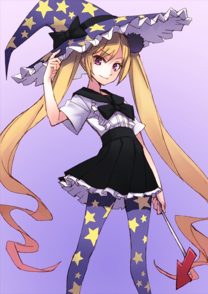 Anime picture 850x1200 with kantai collection majokko (kantai collection) matsuryuu single tall image looking at viewer simple background blonde hair purple eyes twintails very long hair gradient background purple background star print girl hat pantyhose star (symbol) witch hat wand