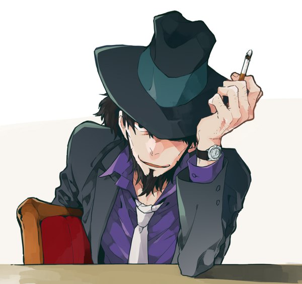 Anime picture 1174x1107 with lupin iii jigen daisuke hoyano single looking at viewer short hair black hair simple background sitting black eyes open collar hat over eyes boy hat shirt necktie clock cigarette beard wristwatch