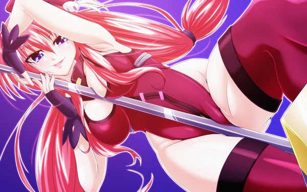 Anime picture 2560x1600 with mahou shoujo lyrical nanoha vita tappa (esperanza) single long hair blush highres breasts open mouth blue eyes light erotic smile large breasts pink hair girl thighhighs gloves fingerless gloves