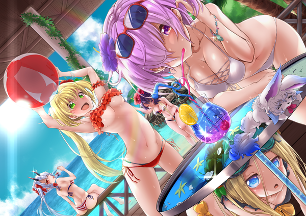 Anime picture 2047x1447 with fate (series) fate/grand order mash kyrielight nero claudius (fate) abigail williams (fate) nero claudius (fate/extra) tomoe gozen (fate) katsushika hokusai (fate/grand order) fou (fate) sarujie (broken monky) long hair looking at viewer blush fringe highres short hair breasts open mouth blue eyes light erotic