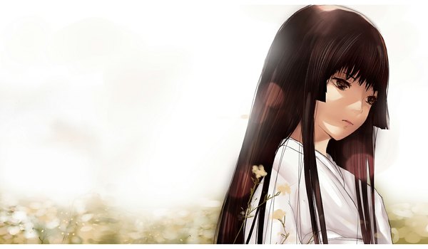 Anime picture 1067x624 with nurarihyon no mago yamabuki otome humonster single long hair fringe simple background brown hair wide image white background brown eyes traditional clothes sunlight girl flower (flowers) plant (plants)