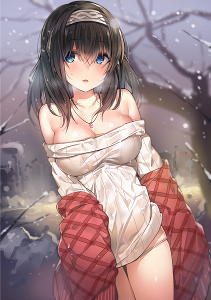 Anime picture 841x1196 with idolmaster idolmaster cinderella girls sagisawa fumika yuran (cozyquilt) single long hair tall image blush breasts open mouth blue eyes light erotic black hair large breasts standing bare shoulders looking away blurry off shoulder dutch angle