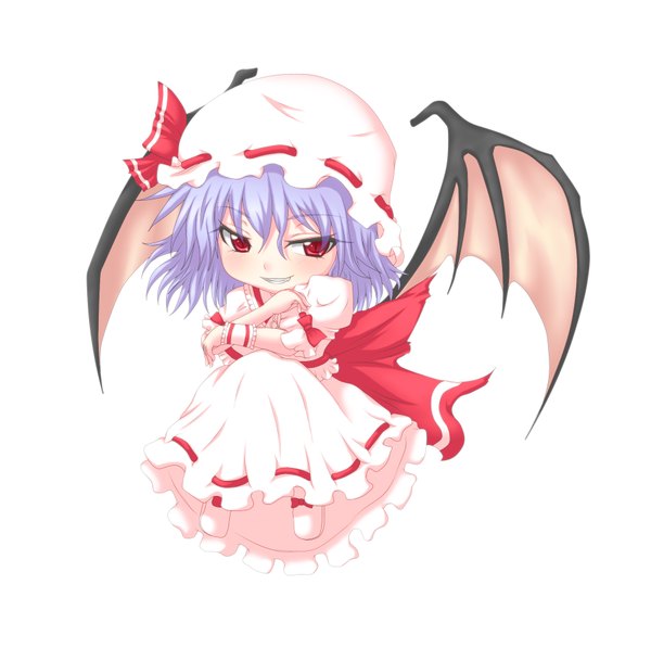 Anime picture 1795x1789 with touhou remilia scarlet kuena highres short hair simple background red eyes white background purple hair chibi girl dress wings bonnet