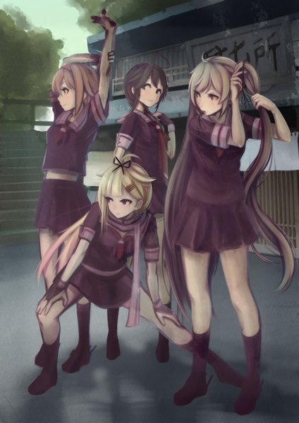 Anime picture 1000x1414 with kantai collection shigure destroyer yuudachi destroyer murasame destroyer shiratsuyu destroyer pecolondon long hair tall image blush fringe short hair blue eyes blonde hair red eyes brown hair standing twintails multiple girls holding brown eyes