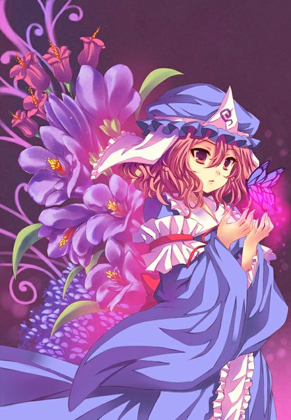 Anime picture 600x862 with touhou saigyouji yuyuko peach88 single tall image short hair open mouth traditional clothes orange hair orange eyes brown background girl flower (flowers) frills insect butterfly bonnet