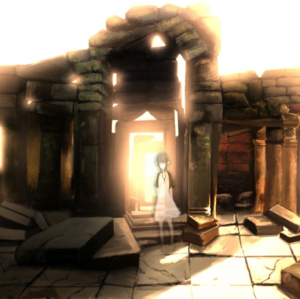 Anime picture 1085x1082 with ico (game) single standing pointy ears sunlight ghost ruins girl pillar column soul