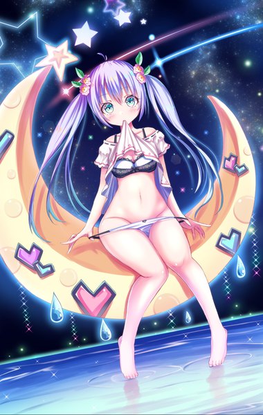 Anime picture 2824x4454 with original tenzeru single long hair tall image looking at viewer blush fringe highres breasts light erotic hair between eyes sitting twintails bare shoulders holding payot cleavage purple hair full body