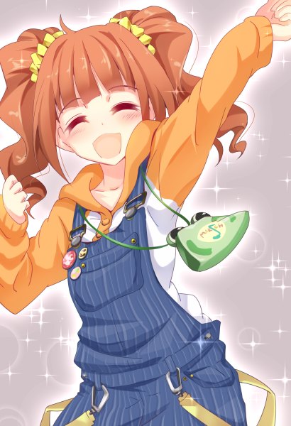 Anime picture 820x1200 with idolmaster takatsuki yayoi natsu (anta tte hitoha) single long hair tall image blush open mouth simple background smile brown hair twintails eyes closed grey background girl bag scrunchie hair tie overalls badge