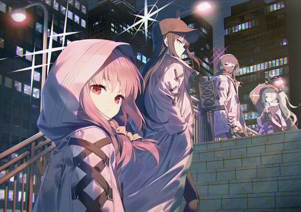 Anime picture 1351x955 with blue archive saori (blue archive) atsuko (blue archive) misaki (blue archive) hiyori (blue archive) wasabi60 long hair looking at viewer black hair blonde hair red eyes multiple girls pink hair outdoors night city side ponytail hand in pocket silver eyes city lights