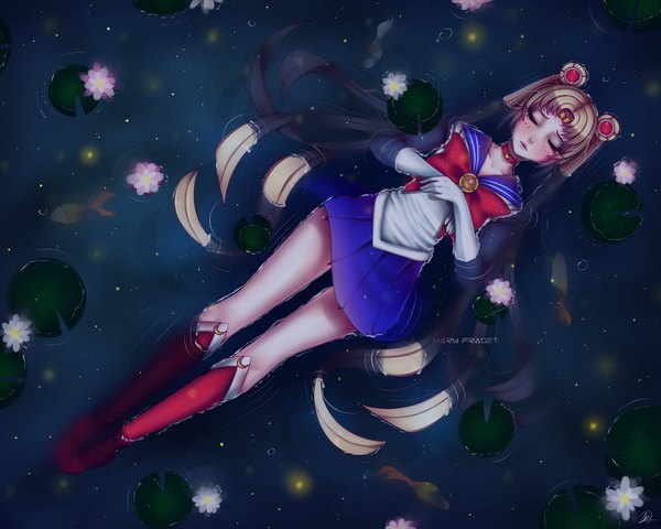 Anime picture 1280x1024 with bishoujo senshi sailor moon toei animation sailor moon maryfraser single blush blonde hair twintails lying eyes closed very long hair hair bun (hair buns) tears partially submerged dark background lake afloat ophelia's pose girl skirt