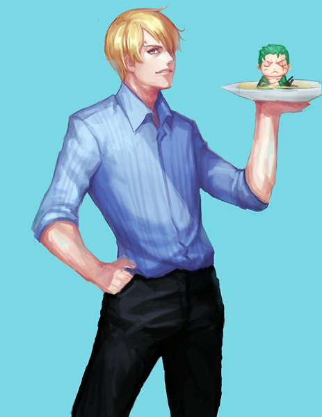 Anime picture 800x1035 with one piece toei animation roronoa zoro sanji ping (caoyanping198793) tall image looking at viewer fringe short hair blue eyes simple background blonde hair eyes closed green hair hair over one eye scar blue background crossed arms chibi hand in pocket