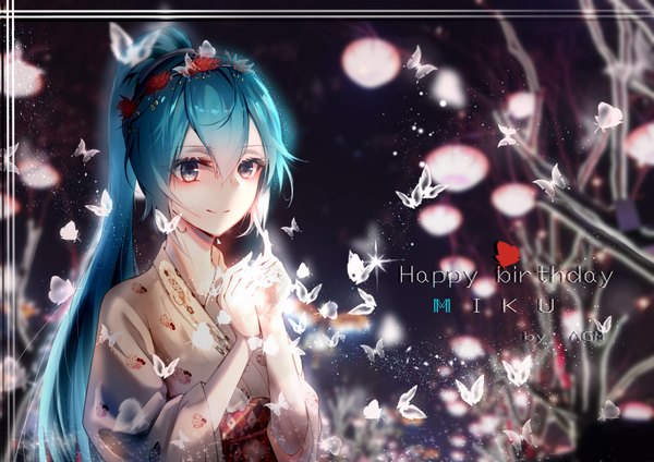 Anime picture 3508x2480 with vocaloid hatsune miku omone hokoma agm single long hair looking at viewer fringe highres blue eyes hair between eyes absurdres upper body ponytail traditional clothes japanese clothes hair flower light smile blurry aqua hair text