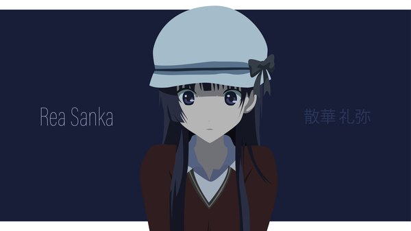 Anime picture 5334x3000 with sankarea studio deen sanka rea laitofai single long hair fringe highres blue eyes black hair simple background wide image payot absurdres blunt bangs inscription wallpaper character names looking down dark background