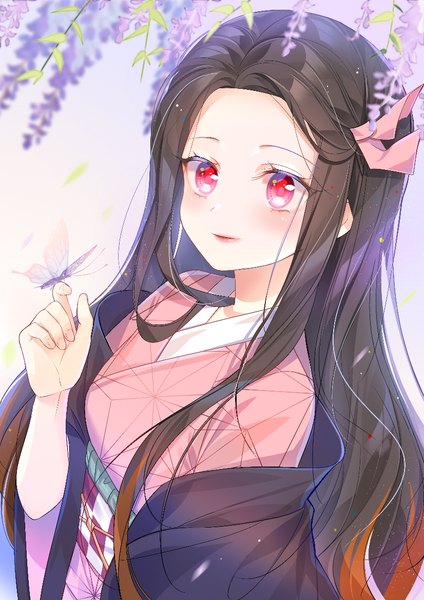 Anime picture 826x1169 with kimetsu no yaiba ufotable kamado nezuko hate ani hikae single long hair tall image looking at viewer blush black hair simple background smile red eyes payot upper body traditional clothes japanese clothes multicolored hair off shoulder two-tone hair