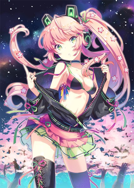 Anime picture 600x843 with original h2so4 single long hair tall image looking at viewer fringe light erotic standing twintails green eyes payot pink hair ahoge pleated skirt hair flower wind night open jacket :o