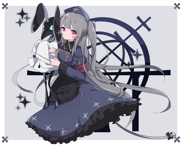 Anime picture 1000x805 with virtual youtuber virtual clinic minai karte captain yue single long hair looking at viewer fringe red eyes grey hair two side up border girl apron sleeve cuffs armband nurse cap