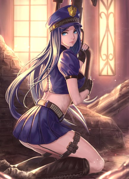 Anime picture 1566x2156 with league of legends caitlyn (league of legends) officer caitlyn yazuwo single long hair tall image blue eyes light erotic blue hair looking back girl skirt uniform weapon miniskirt boots gun peaked cap police uniform