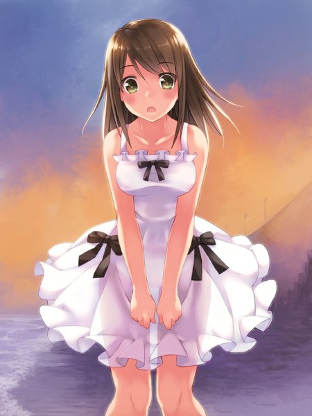Anime picture 750x1000 with original kouno hikaru single long hair tall image looking at viewer blush open mouth brown hair brown eyes girl dress bow sundress