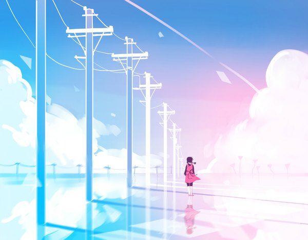 Anime picture 1600x1246 with kagerou project shaft (studio) asahina hiyori lilya single long hair black hair twintails sky cloud (clouds) wind from behind reflection landscape crosswalk girl dress sundress power lines