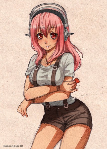 Anime picture 900x1254 with nitroplus super sonico racoon-kun single long hair tall image looking at viewer blush fringe simple background smile hair between eyes signed pink hair pink eyes crossed arms girl shorts headphones pendant