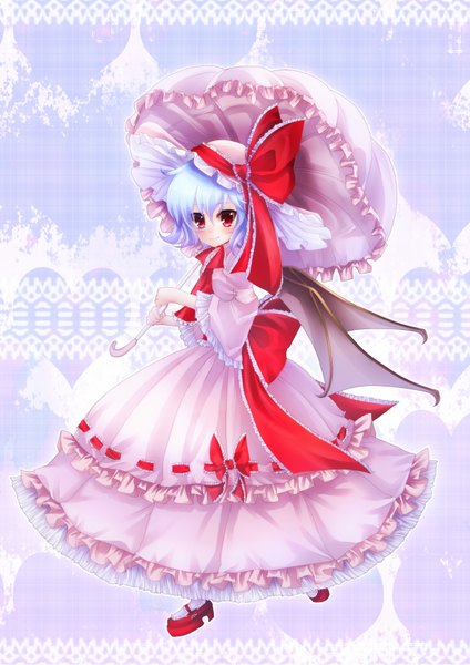 Anime picture 1222x1728 with touhou remilia scarlet tomcho (artist) single tall image short hair red eyes standing blue hair loli bat wings girl dress bow wings umbrella