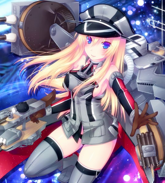 Anime picture 900x1000 with kantai collection bismarck battleship door to heaven single long hair tall image looking at viewer blush blue eyes light erotic blonde hair girl gloves weapon elbow gloves peaked cap