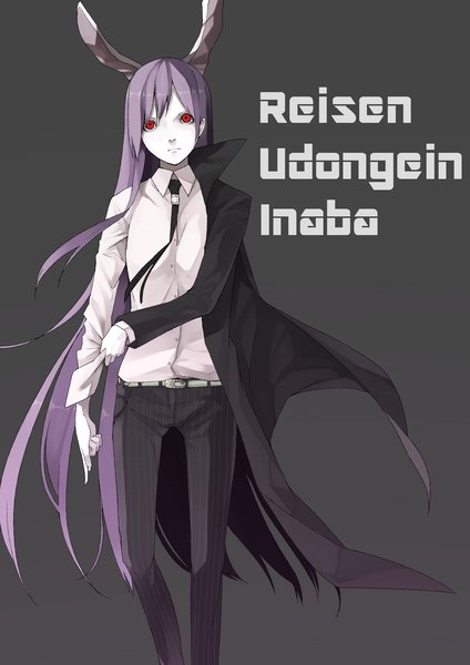 Anime picture 1240x1754 with touhou reisen udongein inaba haruba negi single long hair tall image simple background red eyes animal ears purple hair very long hair inscription grey background bunny ears bunny girl pale skin girl shirt necktie belt