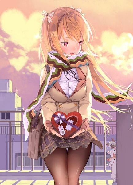 Anime picture 768x1063 with original rozer single long hair tall image blush fringe breasts blonde hair large breasts standing twintails looking away sky cloud (clouds) pleated skirt wind shadow embarrassed plaid skirt