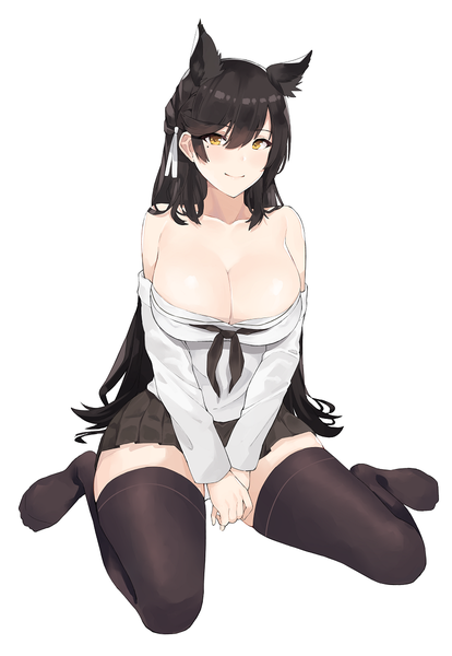 Anime picture 829x1200 with azur lane atago (azur lane) atago (stunning speedster) (azur lane) atago (school daydream) (azur lane) j@ck single long hair tall image looking at viewer blush fringe breasts light erotic black hair simple background smile hair between eyes large breasts white background sitting