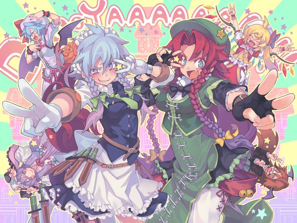 Anime picture 1920x1440 with touhou flandre scarlet remilia scarlet izayoi sakuya patchouli knowledge hong meiling koakuma morino hon long hair blush highres short hair breasts open mouth blonde hair smile red eyes purple eyes multiple girls green eyes