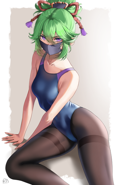 Anime picture 975x1500 with genshin impact kuki shinobu ryudraw single tall image looking at viewer fringe short hair breasts light erotic simple background hair between eyes sitting purple eyes signed payot ponytail green hair arm support thighs
