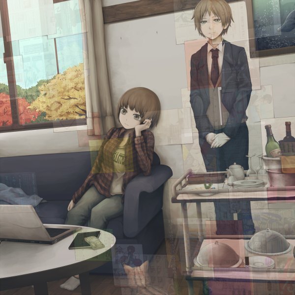 Anime picture 1200x1200 with original yajirushi (chanoma) short hair brown hair standing sitting brown eyes butler girl boy window couch laptop