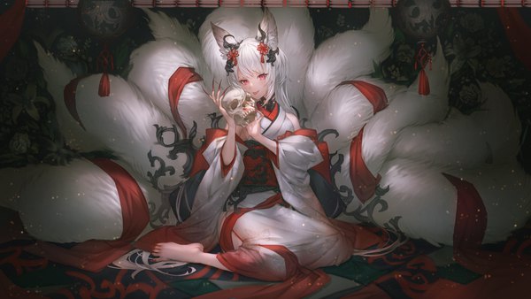 Anime picture 4000x2250 with original makai no juumin single long hair looking at viewer fringe highres red eyes wide image sitting bare shoulders holding animal ears absurdres full body white hair tail nail polish traditional clothes japanese clothes
