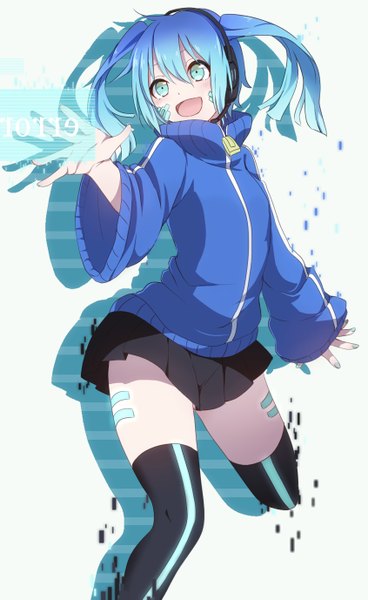 Anime picture 846x1377 with kagerou project shaft (studio) ene (kagerou project) hinata0287 single long hair tall image fringe open mouth twintails blue hair pleated skirt aqua eyes fingernails wide sleeves shadow zettai ryouiki happy glow girl