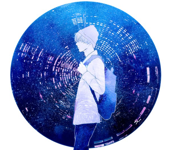 Anime picture 1604x1405 with original parel (artist) single short hair profile grey hair grey eyes abstract boy cap backpack