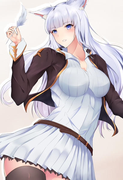 Anime-Bild 1415x2074 mit granblue fantasy korwa (granblue fantasy) ranju aira single long hair tall image blush fringe breasts blue eyes simple background large breasts standing holding animal ears payot looking away silver hair blunt bangs parted lips