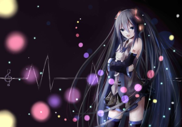 Anime picture 5000x3507 with vocaloid hatsune miku shimmer single looking at viewer highres open mouth blue eyes twintails holding blue hair absurdres very long hair pleated skirt tattoo zettai ryouiki sleeveless hug glowing dark background