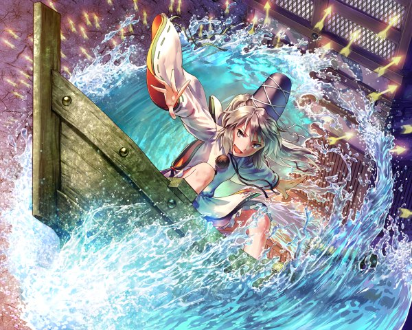 Anime-Bild 1200x960 mit touhou mononobe no futo om (carbohydratism) single short hair open mouth looking away traditional clothes grey hair grey eyes spread arms girl water headdress arrow (arrows) watercraft wave (waves) boat