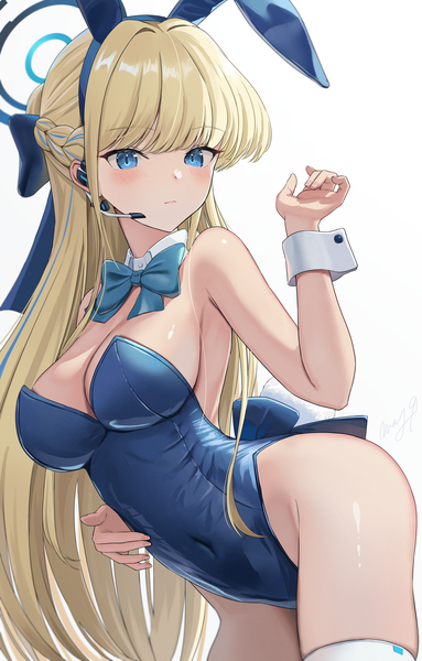 Anime picture 1447x2264 with blue archive toki (blue archive) toki (bunny) (blue archive) may9 single long hair tall image looking at viewer blush fringe breasts blue eyes light erotic simple background blonde hair large breasts standing white background bare shoulders animal ears