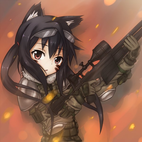 Anime picture 1200x1200 with k-on! kyoto animation nakano azusa roro rosset single long hair looking at viewer black hair red eyes twintails girl uniform weapon gun military uniform