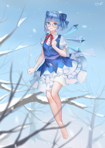 Anime picture 2480x3507 with touhou cirno kamachi kamachi-ko single tall image looking at viewer highres short hair blue eyes signed blue hair sky blunt bangs barefoot light smile legs snowing winter snow flying