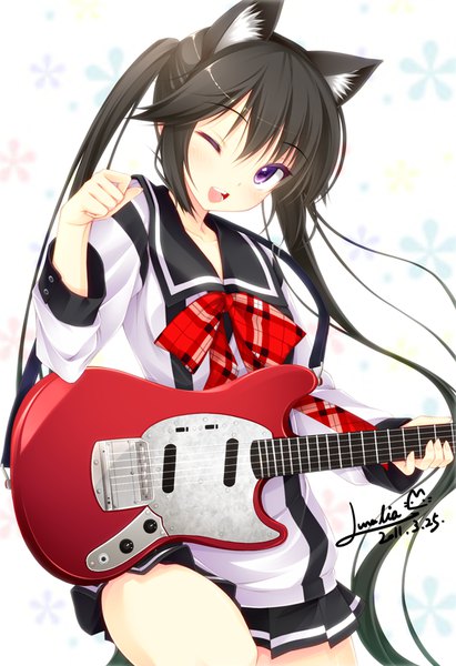 Anime picture 685x1000 with mechakon! yatake tsubaki luna lia single long hair tall image looking at viewer blush fringe open mouth black hair hair between eyes white background purple eyes twintails holding signed animal ears pleated skirt one eye closed