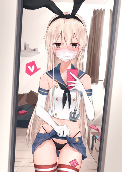 Anime picture 1000x1412 with kantai collection shimakaze destroyer kanju single long hair tall image looking at viewer blush fringe light erotic blonde hair hair between eyes standing holding brown eyes indoors pleated skirt sunlight skirt lift pov
