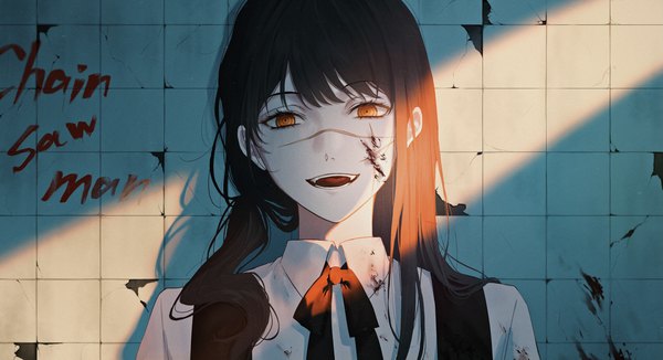 Anime picture 3329x1810 with chainsaw man mappa mitaka asa yoru (chainsaw man) hama m single long hair looking at viewer fringe highres open mouth black hair wide image upper body :d orange eyes copyright name light scar blood on face